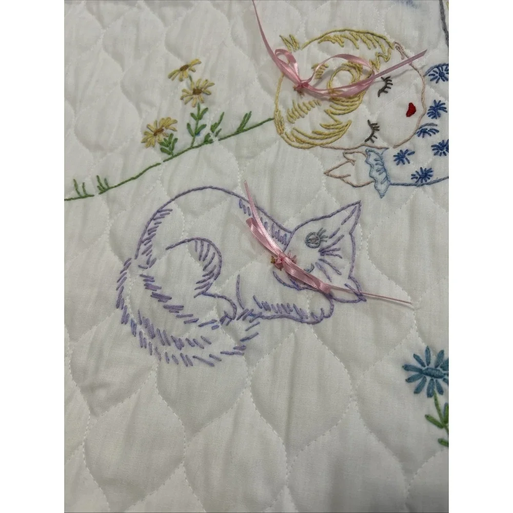 Vintage '73 Hand Stitched Embroidery Baby Quilt Mushroom Kitty Puppy Bows 58x40